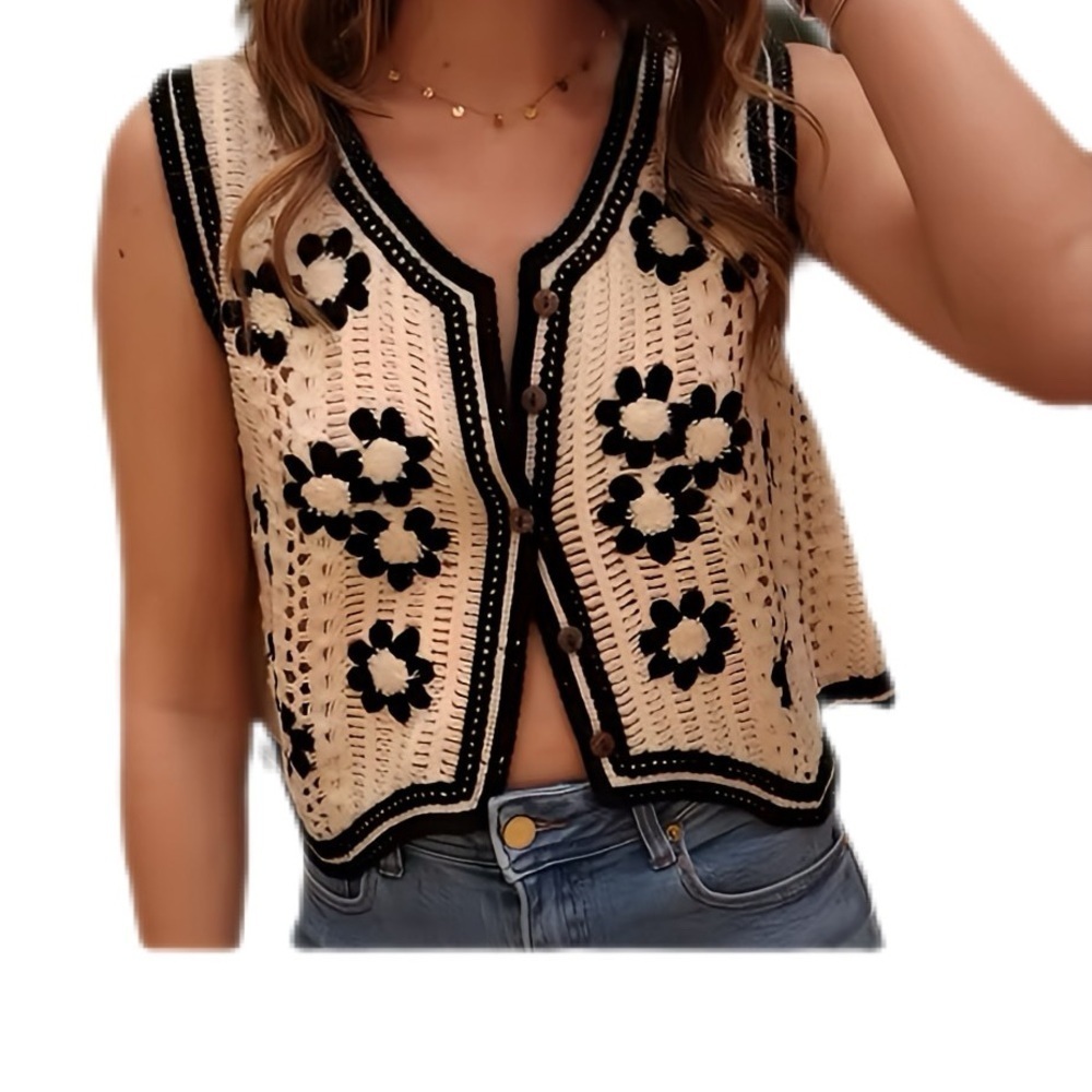 Floral Crochet Sleeveless Vest Top Black & Beige Boho Cottagecore